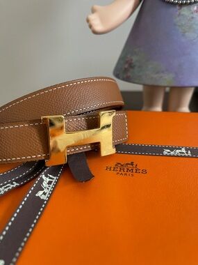 Hermes reversible 24mm Brown and black Leather Belt with Gold H Buckle size 75